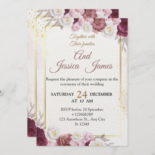 Elegant Floral Wedding Invitation Modern card 招待状 (正面/裏面)