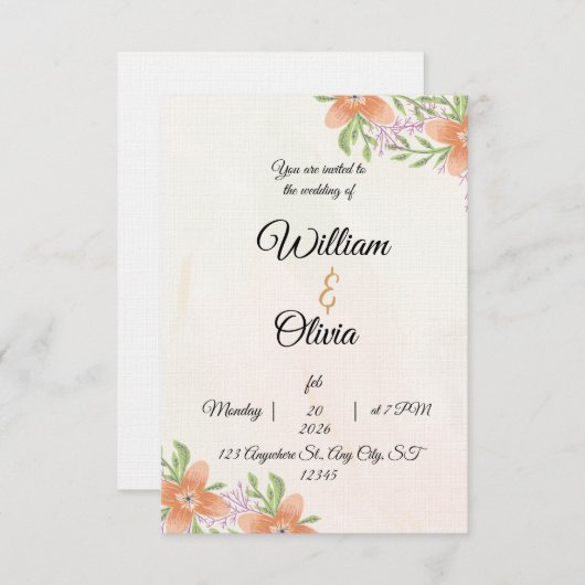 Elegant Floral Wedding Invitation | Peach & Green  招待状 (正面/裏面)