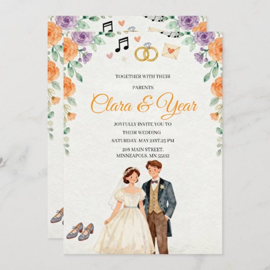 Elegant Floral Wedding Invitation | Romantic Garde 招待状 (正面/裏面)