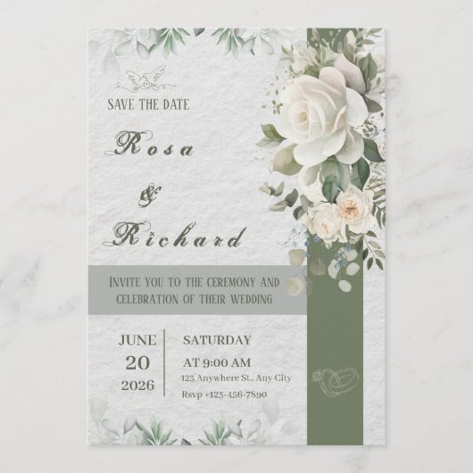 Elegant Floral Wedding Invitation – Save the Date 招待状 (正面)