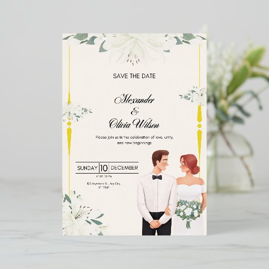 Elegant Floral Wedding Invitation | Save the Date 箔招待状 (立ち正面)