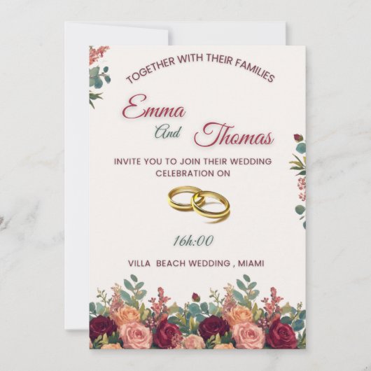 Elegant Floral Wedding Invitation Suite | Burgundy 招待状 (正面)
