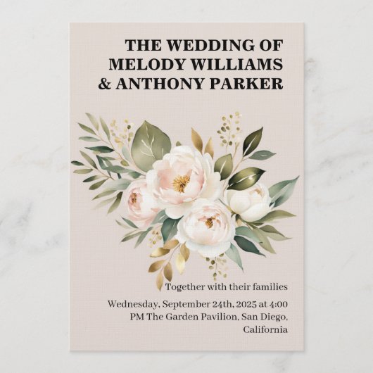 Elegant Floral Wedding Invitation | White Rose & E 招待状 (正面)