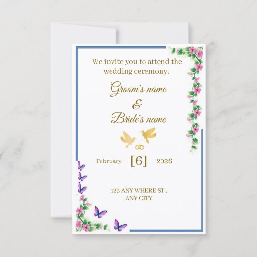 Elegant Floral Wedding Invitation with Butterflies サンキューカード (正面)