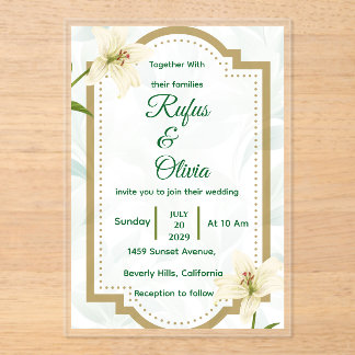Elegant Floral Wedding Invitation with Gold Frame  アクリル招待状