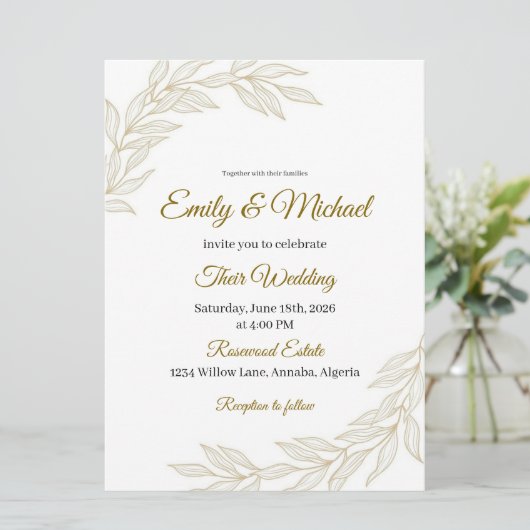 Elegant Floral Wedding Invitation with Gold Script 招待状 (スタンド正面)