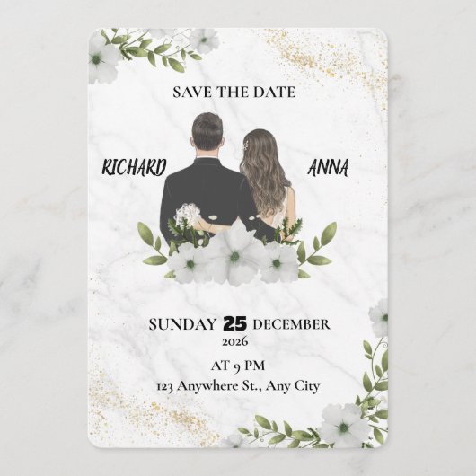 Elegant Floral Wedding Save the Date Card  セーブザデート (正面)