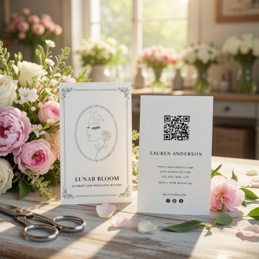 Elegant Floral Wellness Business Card with QR Code 名刺