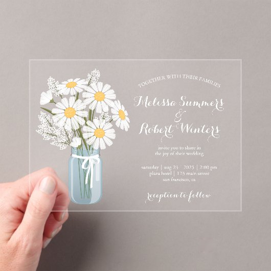 Elegant Floral White Daisies Mason Jar Wedding アクリル招待状 (インサイチュ (ポータブル))
