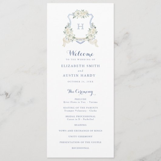 Elegant Floral White Greenery Crest Blue Wedding プログラム (正面)