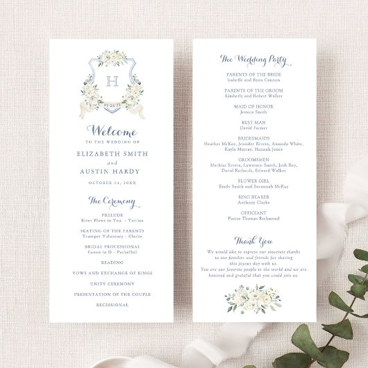Elegant Floral White Greenery Crest Blue Wedding プログラム