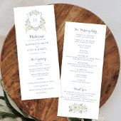 Elegant Floral White Greenery Crest Blue Wedding プログラム