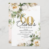 Elegant Floral White Roses Gold 60th Birthday 招待状 (正面/裏面)