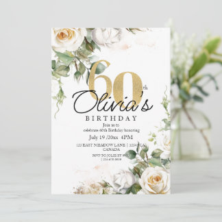 Elegant Floral White Roses Gold 60th Birthday 招待状