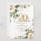 Elegant Floral White Roses & Gold 90th Birthday 招待状 (正面)