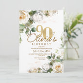 Elegant Floral White Roses & Gold 90th Birthday 招待状 (スタンド正面)