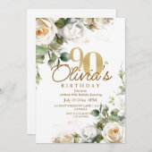 Elegant Floral White Roses & Gold 90th Birthday 招待状 (正面/裏面)