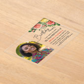 Elegant Floral with Photo 32nd Birthday Party  アクリル招待状 (レイダウン)