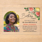 Elegant Floral with Photo 32nd Birthday Party  アクリル招待状 (正面)