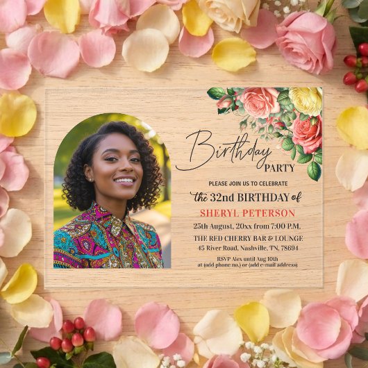 Elegant Floral with Photo 32nd Birthday Party  アクリル招待状