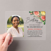 Elegant Floral with Photo 40th Birthday Party アクリル招待状 (インサイチュ (ポータブル))