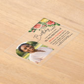 Elegant Floral with Photo 40th Birthday Party アクリル招待状 (レイダウン)