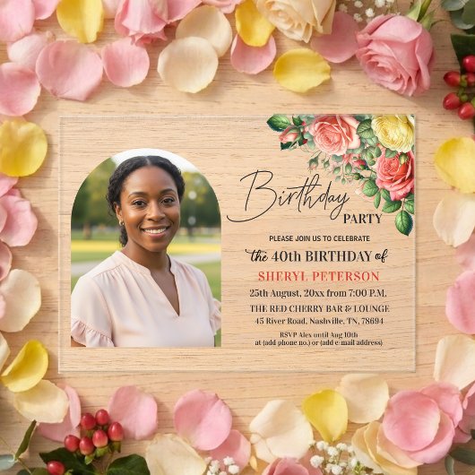 Elegant Floral with Photo 40th Birthday Party アクリル招待状