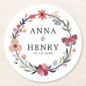 Elegant Floral Wreath Butterfly Wedding ラウンドペーパーコースター (正面)