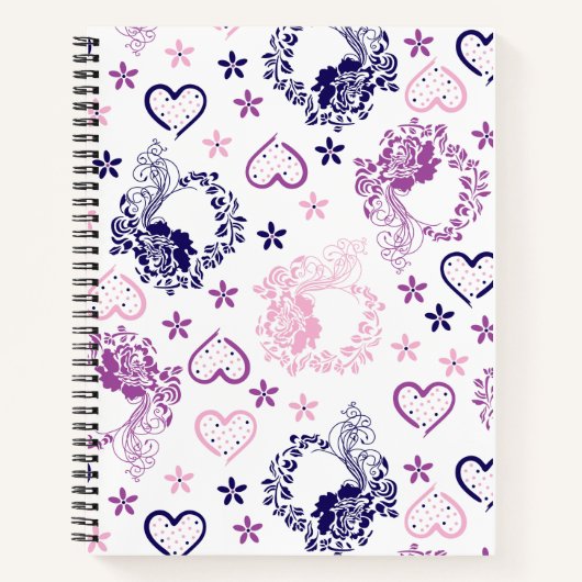 Elegant Floral Wreath & Romantic Hearts Notebook ノートブック (正面)
