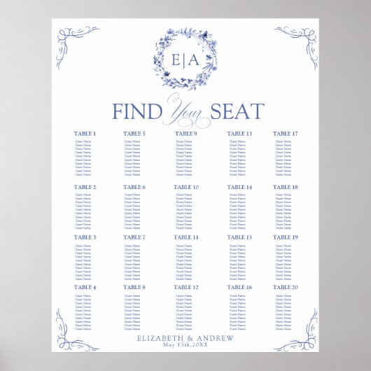 Elegant Floral Wreath Wedding Seating Chart ポスター (正面)
