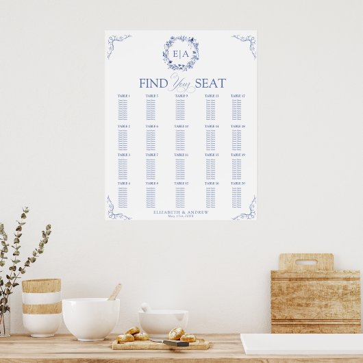 Elegant Floral Wreath Wedding Seating Chart ポスター (キッチン)