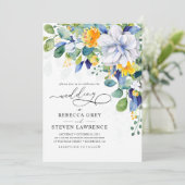Elegant floral yellow and blue wedding photo 招待状 (スタンド正面)