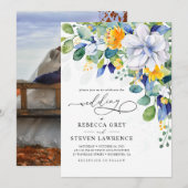 Elegant floral yellow and blue wedding photo 招待状 (正面/裏面)
