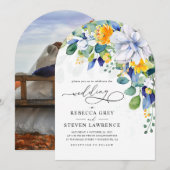 Elegant floral yellow blue wedding arched photo 招待状 (正面/裏面)