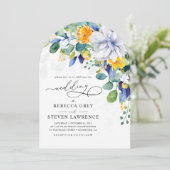 Elegant floral yellow blue wedding arched photo 招待状 (スタンド正面)