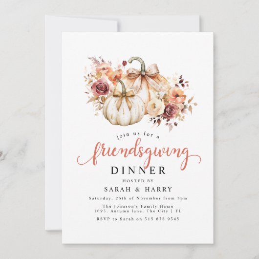 Elegant Florals & Pumpkins Friendsgiving Dinner 招待状 (正面)