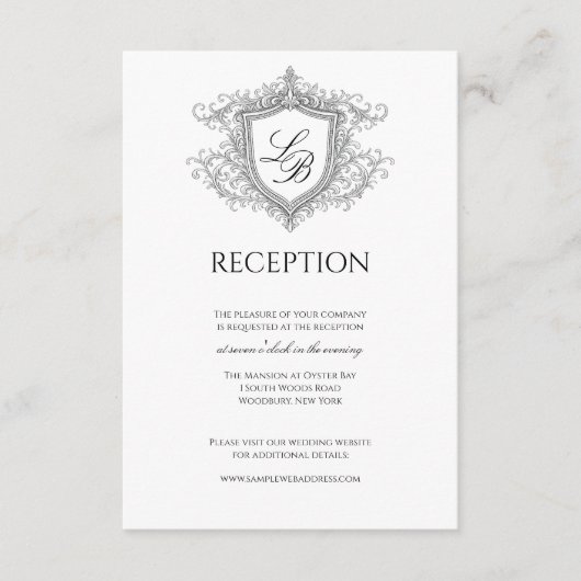 Elegant Flourish Crest Monogram Reception Card エンクロージャーカード (正面)