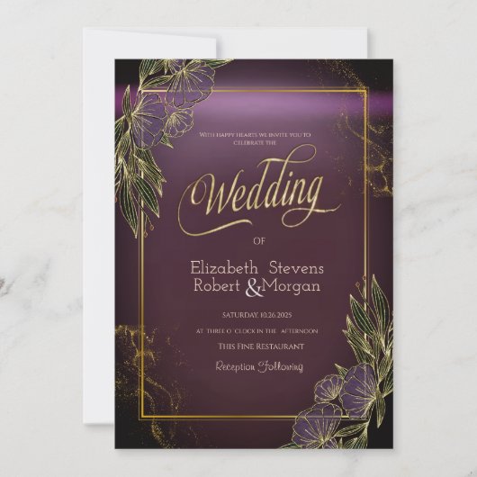 Elegant Flowers Frame Purple Wedding  Invitation 招待状 (正面)