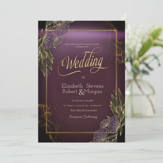 Elegant Flowers Frame Purple Wedding  Invitation 招待状 (スタンド正面)