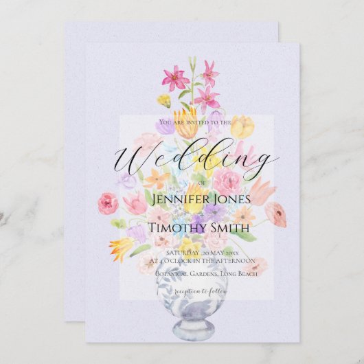 elegant flowers in blue pot purple  招待状 (正面/裏面)