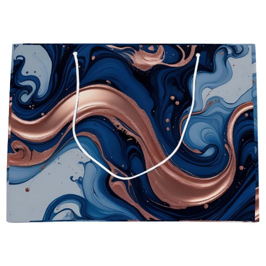 Elegant Fluid Art with Copper and Blue Swirls ラージペーパーバッグ (正面)