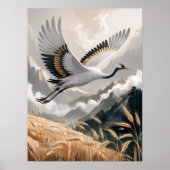 Elegant Flying Crane Over Golden Wheat Landscape   ポスター (正面)