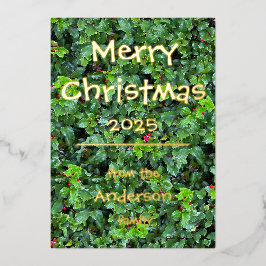 Elegant Foil Holly Berry Greenery Personalize Card 箔シーズンカード