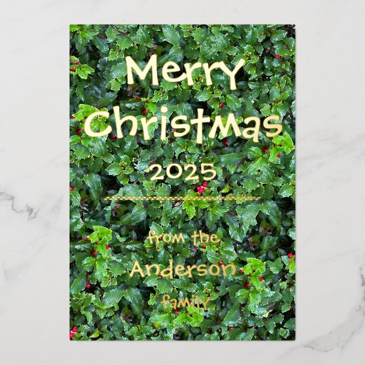 Elegant Foil Holly Berry Greenery Personalize Card 箔シーズンカード (正面)
