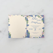 Elegant Folded Blue Purple Floral Monogram Wedding 招待状 (内部)