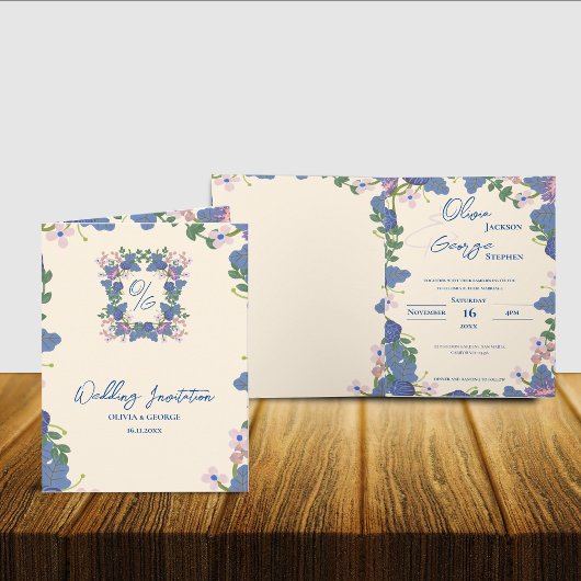 Elegant Folded Blue Purple Floral Monogram Wedding 招待状