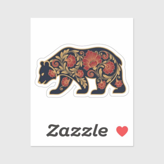 Elegant Folk Art Bear | Red & Gold Floral Silhouet シール (シート)