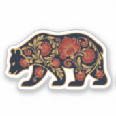 Elegant Folk Art Bear | Red & Gold Floral Silhouet シール (正面)
