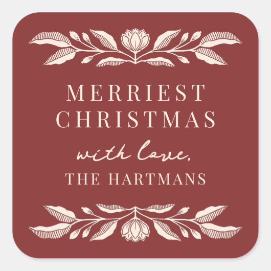 Elegant Folk Art Floral Christmas Personalized スクエアシール (正面)