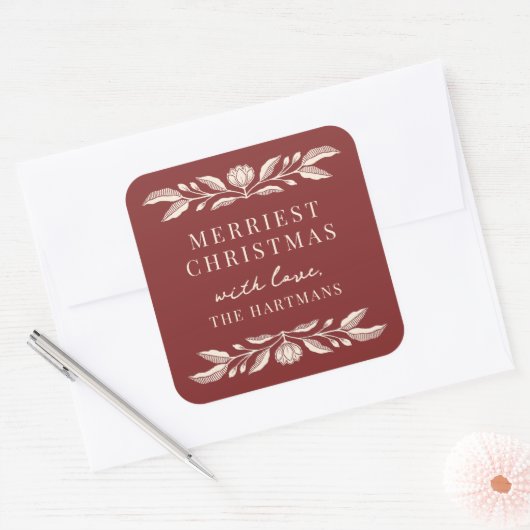 Elegant Folk Art Floral Christmas Personalized スクエアシール (封筒)